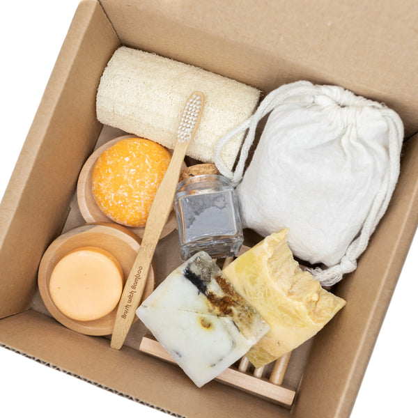 A box of eco-friendly bath & body essentials built to give you all of the basics for a big change in your bathroom. Includes 10 zero waste, vegan, organic and all natural products at a marked down price to make the change easier. Shop now at rplanetshop.com.